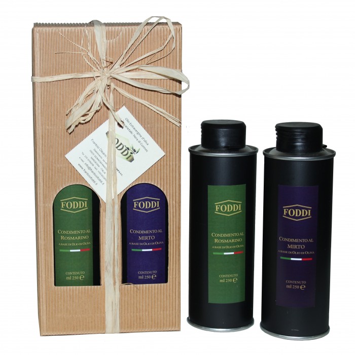 Confezione Regalo Condimento al Mirto e al Rosmarino - 2 bottiglie di latta da 250 ml.