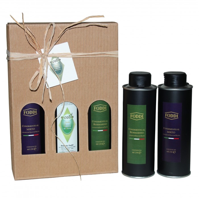 Confezione Regalo Olio extravergine d’oliva, Condimento al Mirto e al Rosmarino - 3 bottiglie di latta da 250 ml.